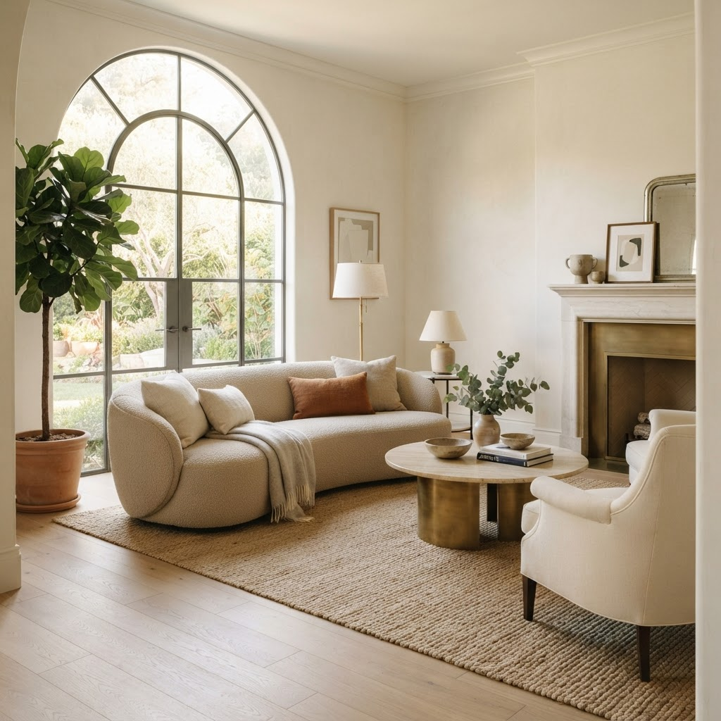 A bright, airy luxury living room with warm natural light